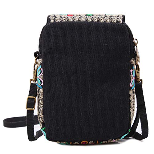 SILKAREA Embroidered Cute Mini Crossbody Bag for Women Small Handbags Wristlet Wallet Bag Cell-phone Pouch Coin Purse - color: Black Flower