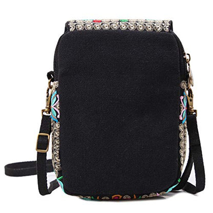 SILKAREA Embroidered Cute Mini Crossbody Bag for Women Small Handbags Wristlet Wallet Bag Cell-phone Pouch Coin Purse - color: Black Flower