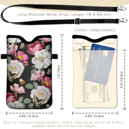 IRADA Neoprene Cell Phone Sleeve Pouch Case Bag with Crossbody Strap Neck Lanyard for Women Men 7.6 X 4.3 Inches-Black Floral Shockproof Universal Phone Bag - color: Black Floral-Phone Sleeve