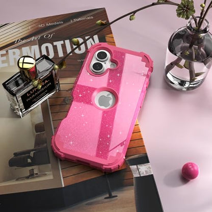 IDweel for iPhone 17 Case with Screen Protector for Women, 3 in 1 Shockproof Slim Fit Hybrid Heavy Duty Hard PC Cover Soft Silicone Bumper Full Body Anti-Fingerprint Case, Glitter Rose Red - color: Glitter Rose Red