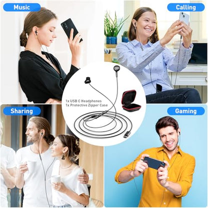 USB C Headphones Magnetic Wired Earbuds with Mic Volume Control 4ft Black - color: Black