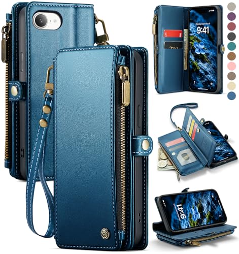 Defencase for iPhone 17E & 16E Wallet Phone Case with Card Holder, DarkBlue | Durable Soft PU Leather, with RFID Blocking Zipper Pocket, Strap, Magnetic Snap Flip Cases Cover with Stand for Women Men - color: Dark Blue