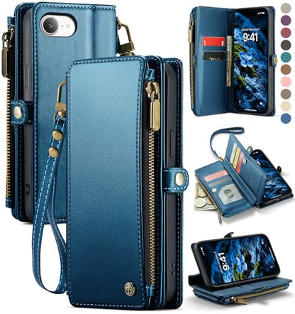 Defencase for iPhone 17E & 16E Wallet Phone Case with Card Holder, DarkBlue | Durable Soft PU Leather, with RFID Blocking Zipper Pocket, Strap, Magnetic Snap Flip Cases Cover with Stand for Women Men - color: Dark Blue
