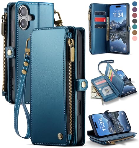 Defencase for iPhone 17 Wallet Case with RFID Blocking Card Holder, Blue | Durable Soft PU Leather, with Zipper Pocket, Wrist Strap, Fashion Snap Flip Phone Cases Cover with Stand for Women and Men - color: Dark Blue