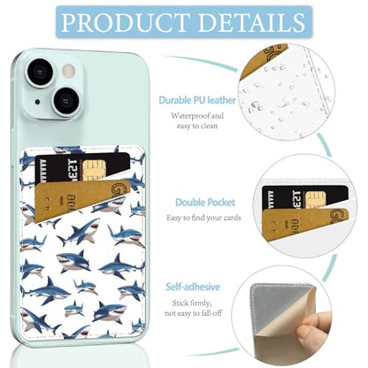 CREATCABIN Shark Phone Card Holder Leather Cell Phone Wallet Stick on Adhesive Credit Card Holder Slim Double Pocket Sticker for Back of Phone Case Compatible with Most Phones 3.7 x 2.5 Inch - style: Shark