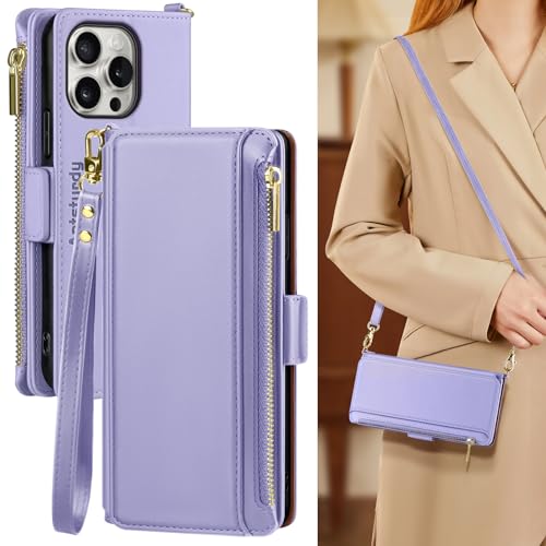 Antsturdy Crossbody Phone Wallet Case for iPhone 14 Pro,Light Purple | RFID Blocking,PU Leather Flip Cover,Kickstand,with Credit Card Holder,Wrist Strap Lanyard & Handbag Purse,for Women & Men - color: (Crossbody) - Light Purple