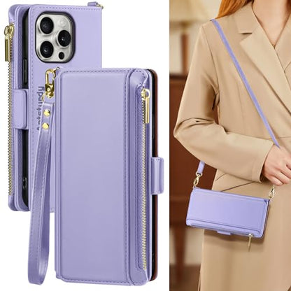 Antsturdy Crossbody Phone Wallet Case for iPhone 14 Pro,Light Purple | RFID Blocking,PU Leather Flip Cover,Kickstand,with Credit Card Holder,Wrist Strap Lanyard & Handbag Purse,for Women & Men - color: (Crossbody) - Light Purple