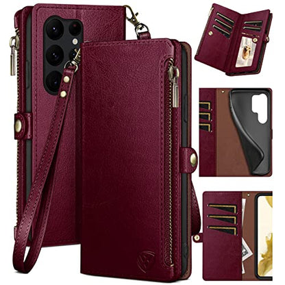 XcaseBar for Samsung Galaxy S24 Ultra Wallet case with Zipper Credit Card Holder RFID Blocking,Flip Folio Book PU Leather Shockproof Protective Cover Women Men for Samsung S24Ultra Phone case Wine Red - color: Wine Red Case