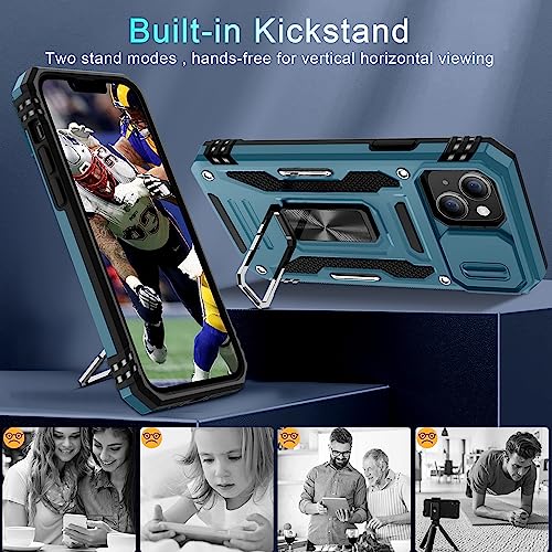 DEERLAMN Case for iPhone 13/iPhone 14 6.1-Inch with Slide Camera Cover+Screen Protector(2 Packs),Rotated Ring Kickstand Military Grade Shockproof Protective Cover-Light Blue - color: Light Blue