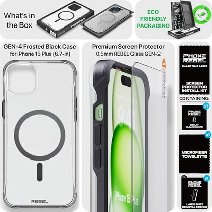 REBEL Clear Case for iPhone 15 Plus [Frosted Series Gen-4] Compatible with Magsafe, Translucent Matte Texture, Protective Shockproof Bumpers, Metal Buttons, 6.7 Inch 2023 Phone Cover (Frosted Black) - color: Frosted Black, size: iPhone 15 Plus