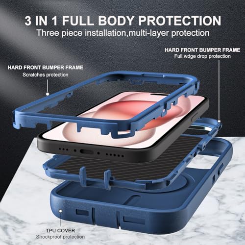 YKHJKLEC for iPhone 15 Case, Military Grade 3 in 1 Heavy Duty Shockproof/Drop Proof/Dust Proof with Kickstand Case, with 2 x Tempered Glass Screen Protector (ZJ-Navy Blue) - color: ZJ-Navy Blue