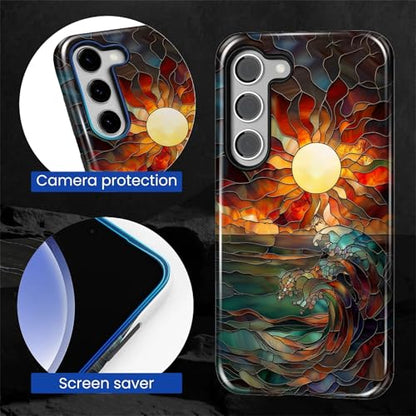 Case for Samsung Galaxy S23 Plus, 2 in 1 PC Hard Shell & Silicone Inner Bumper, AntiScratch Fullbody Cover Shockproof Slim Design Stained Glass Sun Waves - color: Stained Glass Sun Waves, size: Galaxy S23 Plus