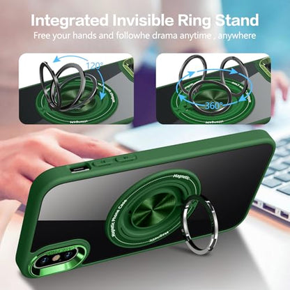 for iPhone Xs Case and iPhone X Case Compatible with Magnetic | With Ring Holder,Transparent Hard PC,Rotated Ring Holder Kickstand Phone Case 5.8in,Green JUS12-39 - color: Green