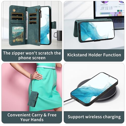 Asuwish Phone Case for Samsung Galaxy S22 5G Zipper Wallet Detachable Magnetic Cover with Tempered Glass Screen Protector Crossbody Lanyard Strap Card Holder S 22 22S 4G G5 6.1 inch Women Girls Blue - color: Blue
