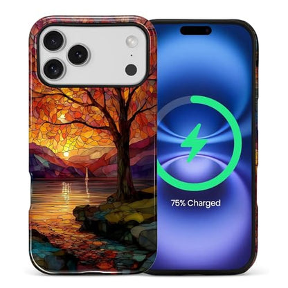 Magnetic Phone Case for iPhone 17 Pro Max,Compatible with MagSafe,Durable 2 Layers Full Covered Shockproof Protective Cover-Stained Glass Sunrise Fall Leaves - color: Stained Glass Sunrise Fall Leaves, size: iPhone 17 Pro Max