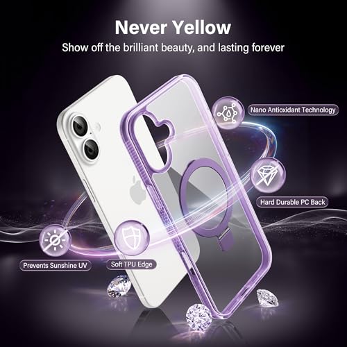 Magnetic Case for iPhone 16 - [Built-in Invisible Stand] [Compatible with MagSafe] [Military Grade Drop Protection] Anti-Yellowing Hard Back Silicone Edge Cover, 6.1", Clear Purple - color: Clear Purple, size: iPhone 16 6.1''