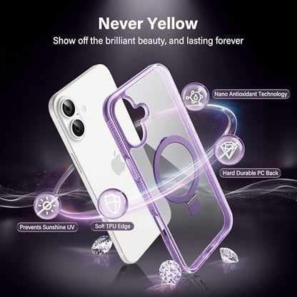 Magnetic Case for iPhone 16 - [Built-in Invisible Stand] [Compatible with MagSafe] [Military Grade Drop Protection] Anti-Yellowing Hard Back Silicone Edge Cover, 6.1", Clear Purple - color: Clear Purple, size: iPhone 16 6.1''