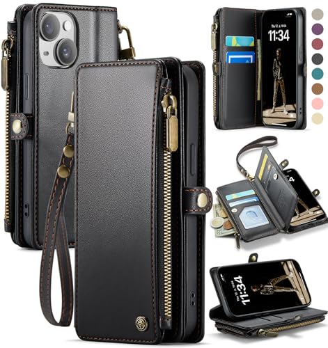 Defencase for iPhone 14 Wallet Case with RFID Blocking Card Holder, Black | Durable Soft PU Leather, with Zipper Pocket, Wrist Strap, Fashion Snap Flip Phone Cases Cover with Stand for Women and Men - color: Black