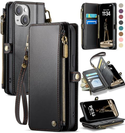Defencase for iPhone 14 Wallet Case with RFID Blocking Card Holder, Black | Durable Soft PU Leather, with Zipper Pocket, Wrist Strap, Fashion Snap Flip Phone Cases Cover with Stand for Women and Men - color: Black