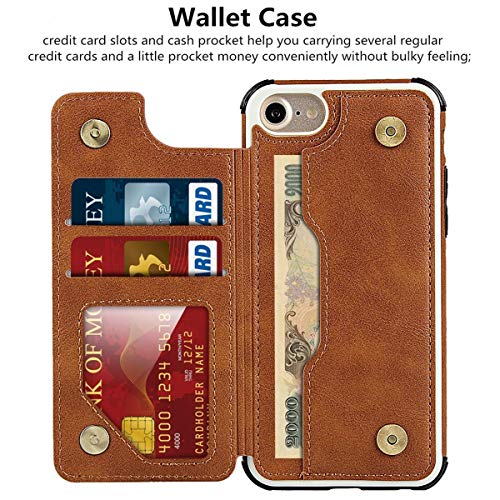iCoverCase Compatible with iPhone SE(2022)/SE(2020)/7/8/6/6s Wallet Case with Card Slots Holder and Wrist Strap Premium PU Leather Kickstand Magnetic Clasp Shockproof Flip Cover Case (Khaki) - color: Khaki