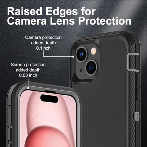 YKHJKLEC for iPhone 15 Case, Military Grade 3 in 1 Heavy Duty Shockproof/Drop Proof/Dust Proof Case with 2Pcs Tempered Glass Screen Protector (Black/Grey) - color: Black/Grey