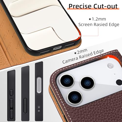 VISOUL Pebbled Genuine Leather Wallet Case for iPhone 17 Pro Max 6.9" 2025, Flip Folio Cover with RFID Blocking Card Holders, Kickstand, Soft TPU Protective Cover - Chocolate+Brown - color: Chocolate+Brown