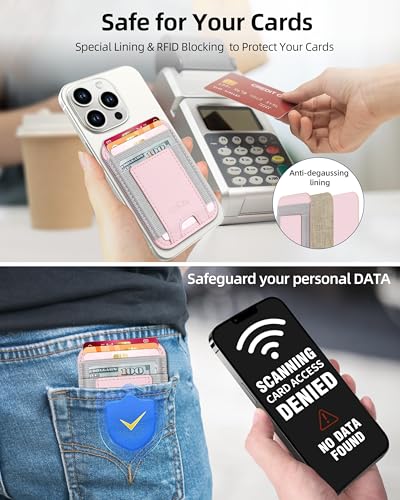 Phone Card Holder, Leather Phone Wallet Stick On, Fit 7 Cards | RFID Blocking, Stronger Adhesive Card Holder Back of Phone, Credit Card Holder for Phone Case iPhone, Samsung, Baby Pink - color: Pink