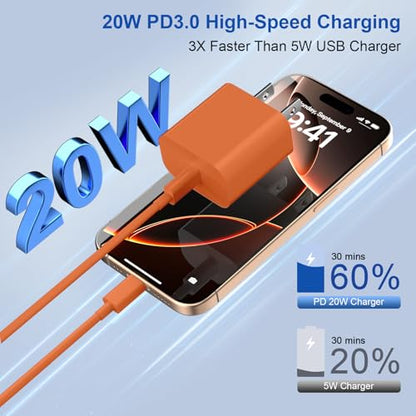 20W iPhone Charger Fast Charging 3-Pack with 6FT USB C to USB Cable, Orange - color: Orange