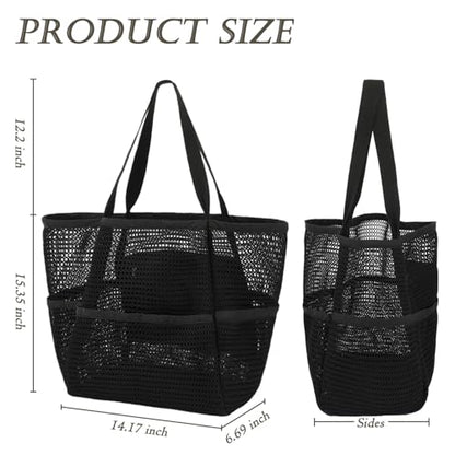 GYEUKHAM Mesh Beach Bag for Women, Sand-Resistant Pool Tote, 9 Pockets (1 Inner Zip), Foldable Family Travel Essentials - color: 6 Pockets-black