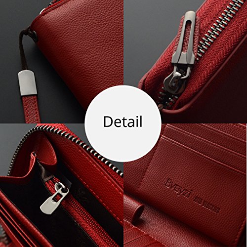 Bveyzi Women RFID Blocking Wallet Leather Zip Around Phone Clutch Large Capacity Ladies Travel Purse Wristlet - color: Wine Red