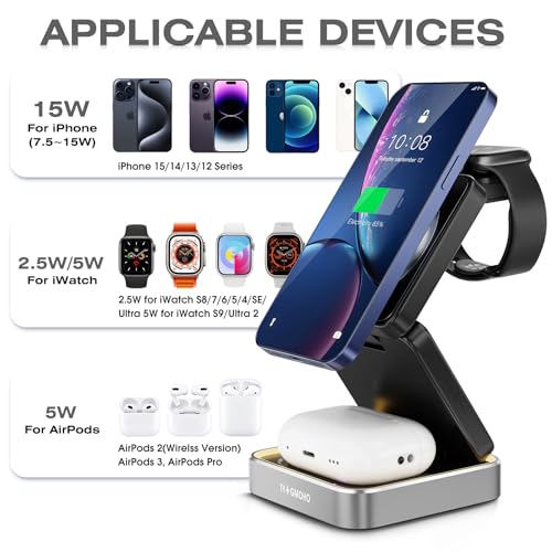 Portable 3 in1 Magsafe Wireless Charger Station for Apple iPhone, Multiple Devices, Foldable Travel Charging Stations, Magnetic Fast Charger with Light for iPhone 12-16 Series for Apple Watch & Airpod