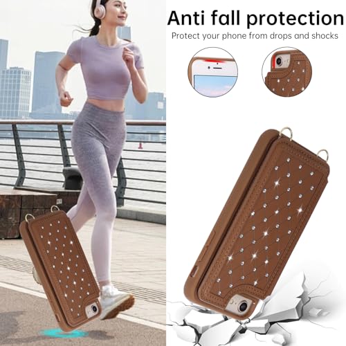 for iPhone 7/8/SE 2022/SE 2020 Wallet Case with Card Holder Slots and Strap, RFID Blocking Magnetic Flip Folio Cover, Crossbody Purse Protection Case with Kickstand,Brown Diamond - color: Brown Diamond, size: iPhone 7/8/SE 2022/SE 2020(6.6")