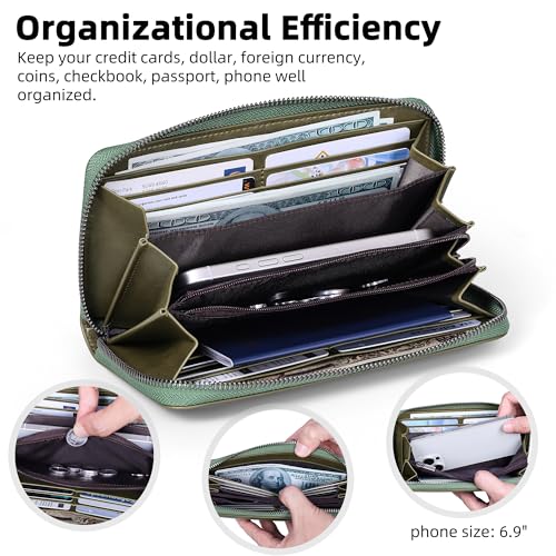 VISOUL Leather Long Zipper Pouch Wallet for Men and Women with RFID Blocking, Large Clutch Cash Long Wallet with Zipper (Olive Green) - color: Olive Green