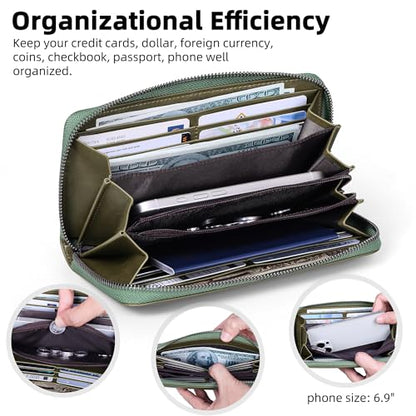 VISOUL Leather Long Zipper Pouch Wallet for Men and Women with RFID Blocking, Large Clutch Cash Long Wallet with Zipper (Olive Green) - color: Olive Green