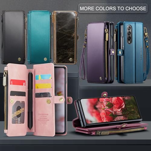 Defencase for Samsung Galaxy Z Fold 4 Wallet Case with Card Holder, WineRed | Durable Soft PU Leather, RFID Blcking Zipper Pocket, with S-Pen Holder & Strap, Flip Phone Cases with Stand for Women Men - color: Wine Red
