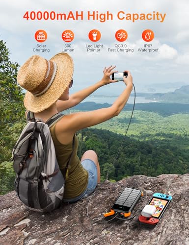 MINRISE Solar Power Bank 40000mAh, Portable Charger PD 20W Fast Charging - color: Orange-black