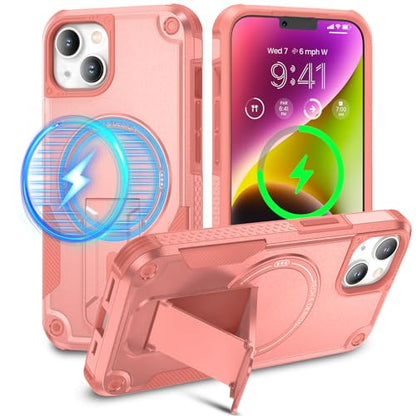 Caka for iPhone 13 Case & iPhone 14 Case with Stand Pink | Compatible with MagSafe, Built-in Hidden Kickstand, Solid Protective Dual-layer TPU+PC Shockproof Magnetic Phone Cover - color: Pink