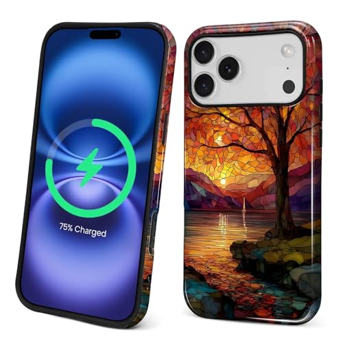 Magnetic Phone Case for iPhone 17 Pro Max,Compatible with MagSafe,Durable 2 Layers Full Covered Shockproof Protective Cover-Stained Glass Sunrise Fall Leaves - color: Stained Glass Sunrise Fall Leaves, size: iPhone 17 Pro Max