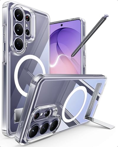 Maledan for Samsung Galaxy S26 Ultra Case with Built-in Phone Stand, Magnetic Shockproof Camera Protection Case for Galaxy S26 Ultra 6.9", Magsafe Compatible Kickstand, Anti-Yellowing Crystal Clear - color: Clear/ Satin Silver Stand, size: for Galaxy S26