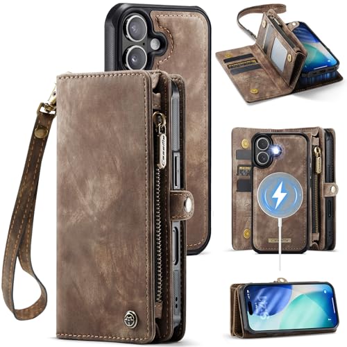 Compatible with iPhone 17 Wallet Case with Magsafe with Zipper & Card Holder Strap Wristlet Detachable Magnetic Protective Back Case for iPhone 17 5G 6.3 Inch (Brown) - color: (Detachable and Magsafe)-Brown, size: iPhone 17 6.3 Inch