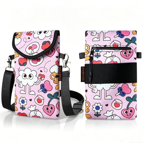 Neoprene Phone Sleeve Pouch Case Bag for Men Women w/Crossbody Strap/Neck Lanyard for iPhone 17/16/15/14 Pro Max, Samsung S25，Pixel 10 - color: Pink Cute Cartoon Hearts