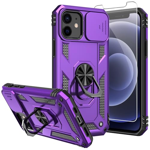 for iPhone 12/ iPhone 12 Pro Case with Camera Lens Cover, Purple | HD Screen Protector, 16 FT Military Grade Drop Protection, Magnetic Kickstand Rugged Shockproof Protective Cove - color: Purple