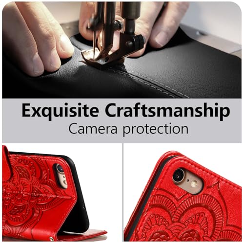 EYZUTAK Case for iPhone 17e/iPhone 16e, Premium PU Leather Magnetic Closure Flip Wallet Phone Case with Card Holder Cash Slot Stand Function Embossed Mandala Flower Shockproof Lanyard Cover - Red - color: Red, size: iPhone 17e/iPhone 16e
