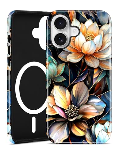 Magnetic Flower Phone Case for iPhone 17 Pro, White Lotus | Compatible with MagSafe, Cute Stained Glass Floral Aesthetic, TPU and PC Shockproof Protective Phone Cover for Women Girls - color: White Lotus