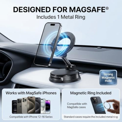 Magnetic Car Phone Holder for MagSafe, Vacuum Suction Mount, 360° Adjustable Dashboard & Windshield Mount, Strong N52 Magnetic Phone Holder for iPhone 17/16/15/14, Samsung Galaxy, Metal Ring Included