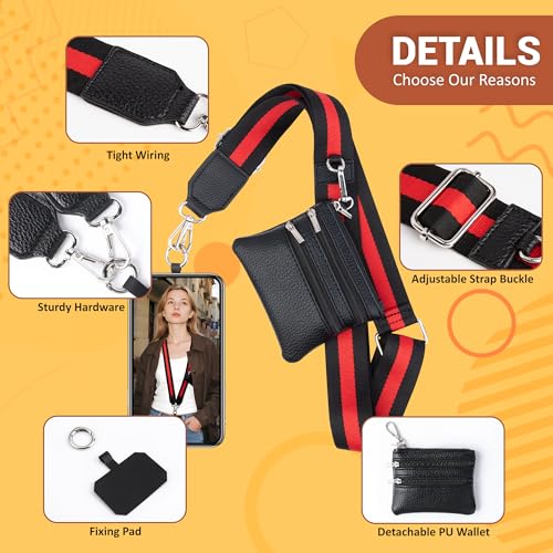 BARGIFTS Clip and Go Strap for Phone with Wallet Crossbody, Cell Phone Lanyard with Zippered Pouch, Adjustable Phone Strap Crossbody with Wallet - color: A-red&black