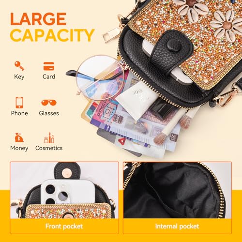Women's Small Crossbody Cell Phone Bag, Boho Colorful Beaded Purse Wallet with Handmade Cute Patterns - color: Shell