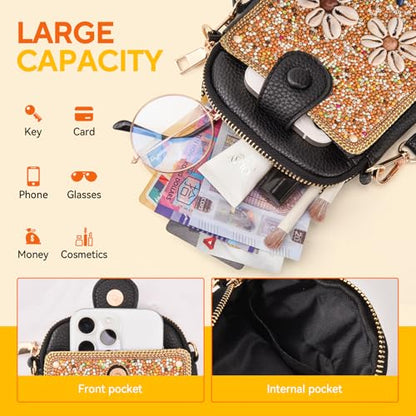 Women's Small Crossbody Cell Phone Bag, Boho Colorful Beaded Purse Wallet with Handmade Cute Patterns - color: Shell