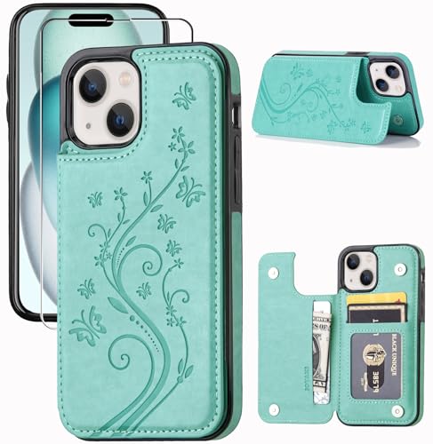 Wallet Case Compatible with iPhone 15,Slim Protective case with Card Holder,Premium PU Leather Kickstand Card Slots with Double Magnetic Clasp for iPhone 15(6.1")-Green Butterfly - color: Green
