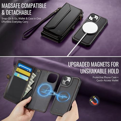 Strapurs for iPhone 15 Magnetic Detachable Wallet Phone Case, Black - color: (Detachable with Magsafe)-Black, size: iPhone 15 - 6.1"